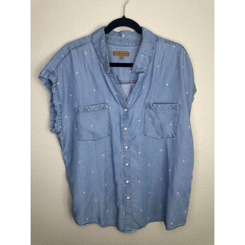 Jachs Girlfriend Shirt Womens XL Chambray Palm Tree Sleeveless Button Up Tencel